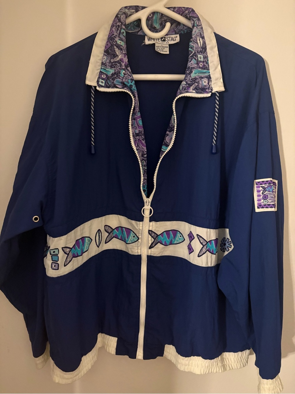 White navy aqua windbreaker with fish print